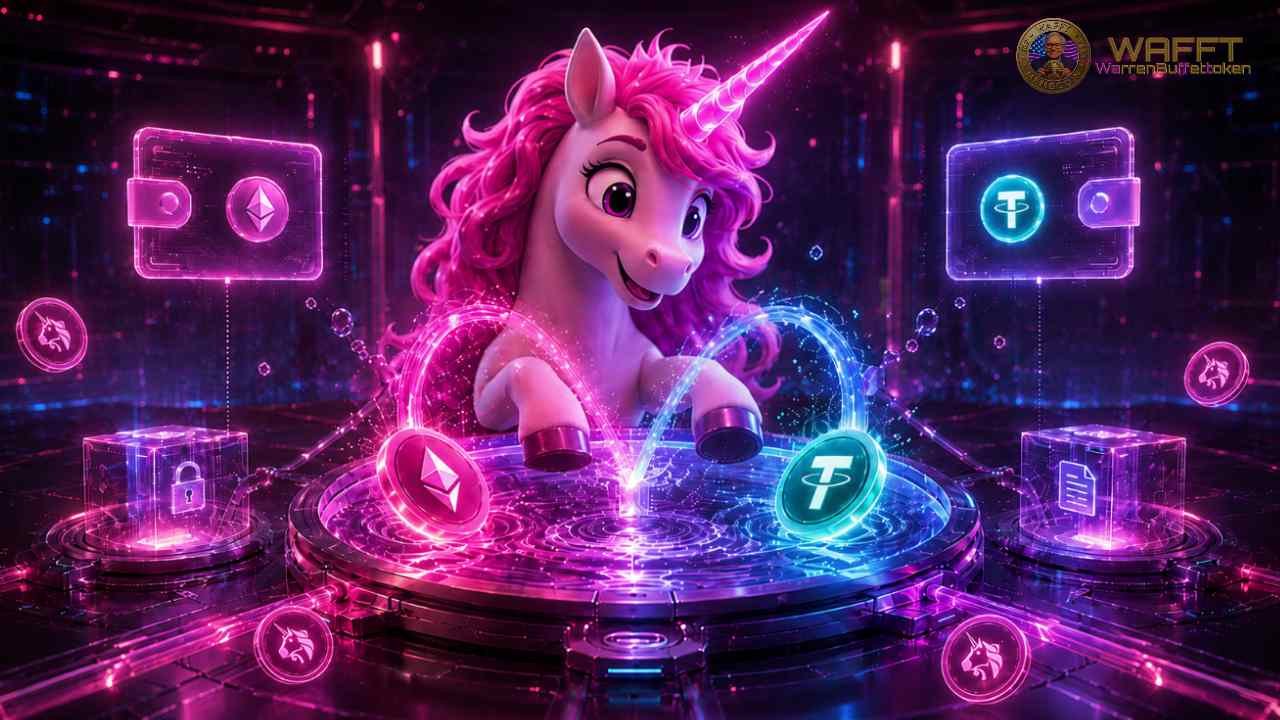 Illustration of the Uniswap unicorn enabling a token swap between Ethereum and USDT wallets, representing decentralized token trading.