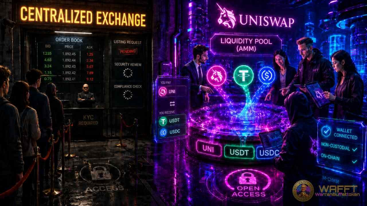 Split illustration comparing a centralized exchange with KYC, order books and listing requests against Uniswap permissionless liquidity pools, representing non-custodial token swaps.