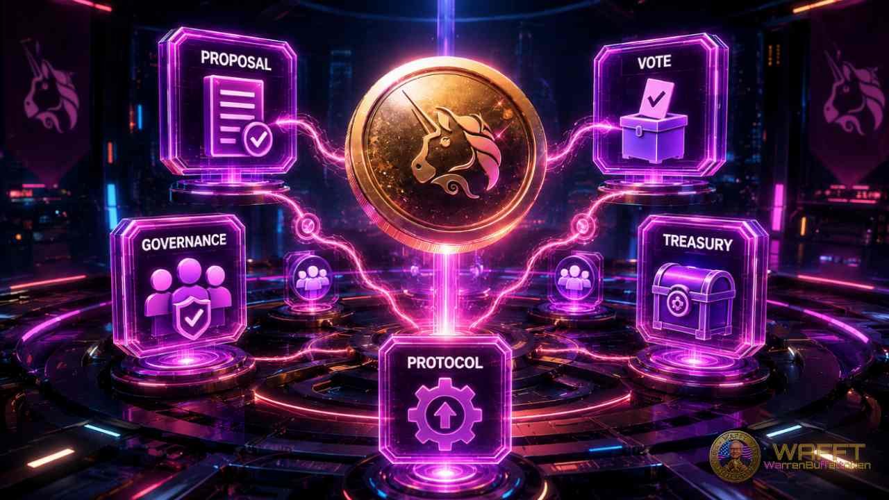 Illustration of the UNI token connected to proposal, vote, governance, protocol and treasury modules, representing Uniswap governance.