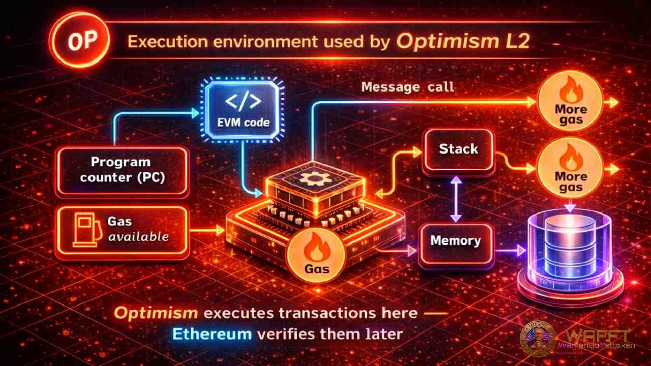 Diagram showing the Ethereum Virtual Machine execution flow with gas, stack, memory, and program counter used by Optimism Layer 2.