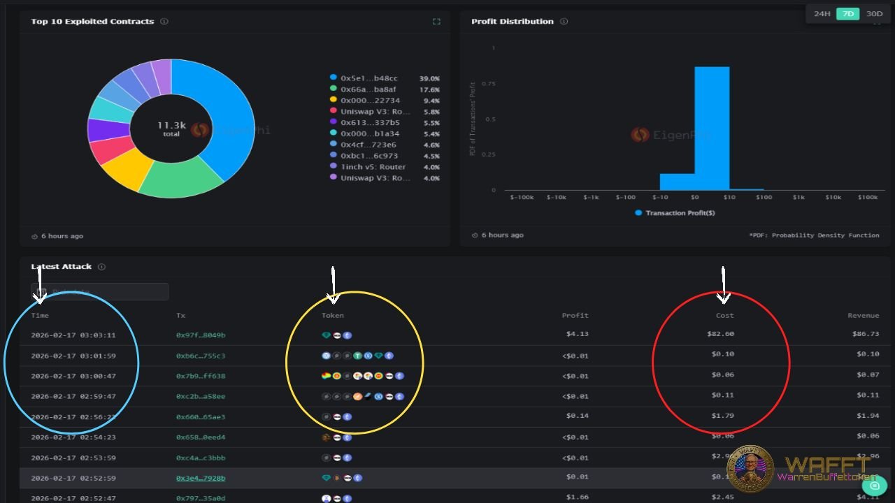 Dashboard showing MEV activity with exploited contracts, transaction profits, and gas costs highlighting bot competition on Ethereum.