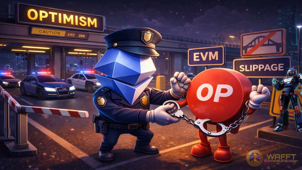 Ethereum police officer detaining an OP token character at a checkpoint labeled Optimism, with EVM and slippage warning signs in the background.