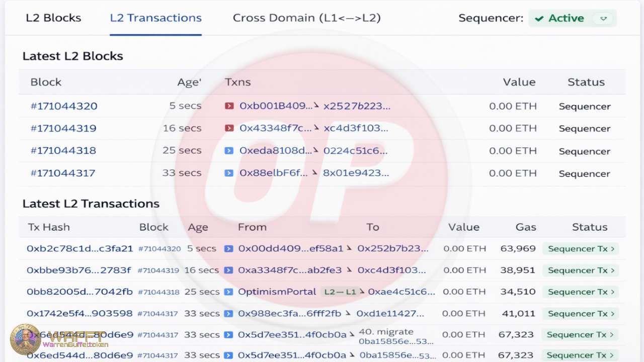 Optimism explorer interface showing L2 blocks, transactions, and active sequencer status.