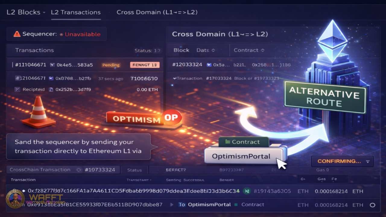 Optimism interface showing sequencer unavailable and alternative route via OptimismPortal contract on Ethereum L1.