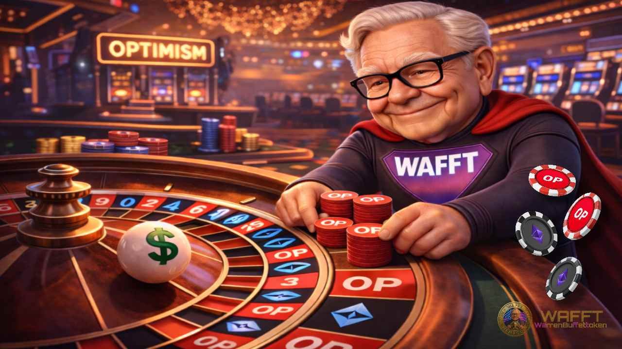 WAFFT Hero at a casino roulette table placing OP tokens, symbolizing calculated risk in the Optimism ecosystem.