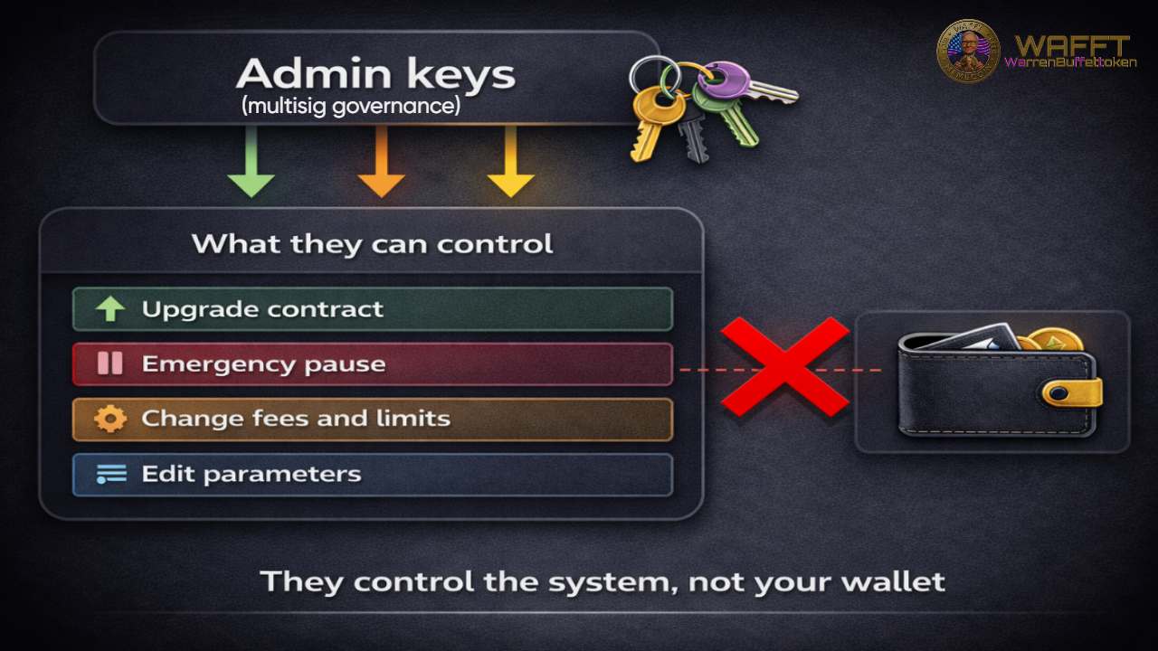 Diagram showing Polygon admin keys controlling upgrades, emergency pause, fee changes, and protocol parameters without accessing user wallets.