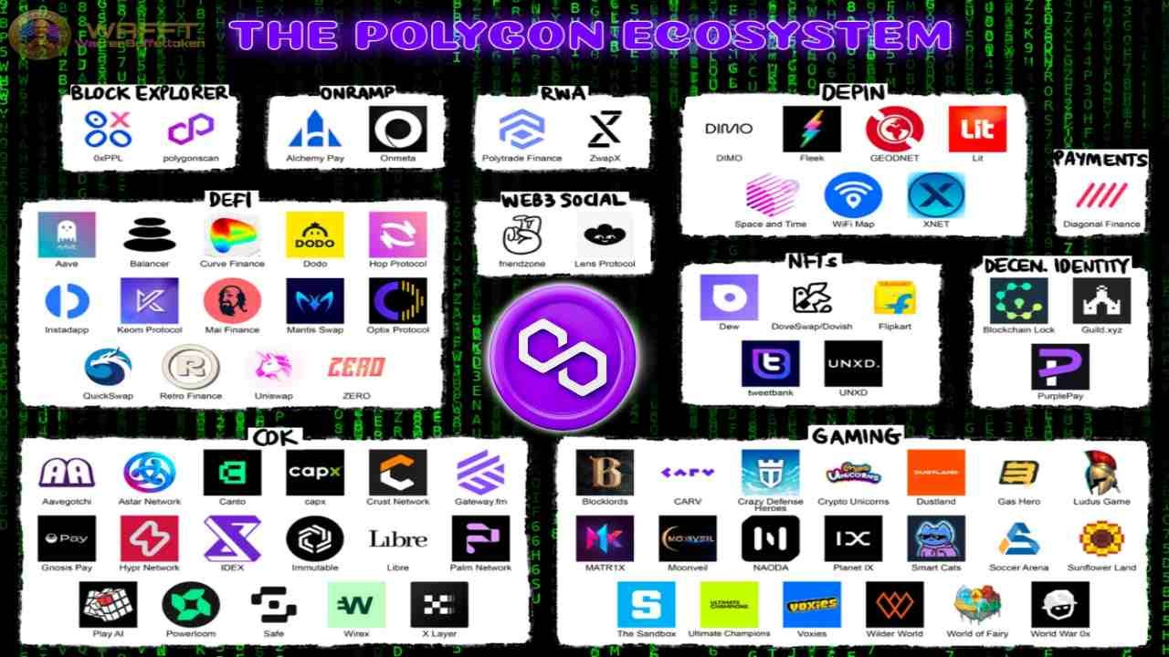 Overview of the Polygon ecosystem showing multiple sectors like DeFi, gaming, NFTs and infrastructure connected around the Polygon network.