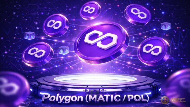 Polygon (MATIC / POL) tokens floating above a futuristic blockchain network, representing a scalable multi-chain ecosystem connected to Ethereum.