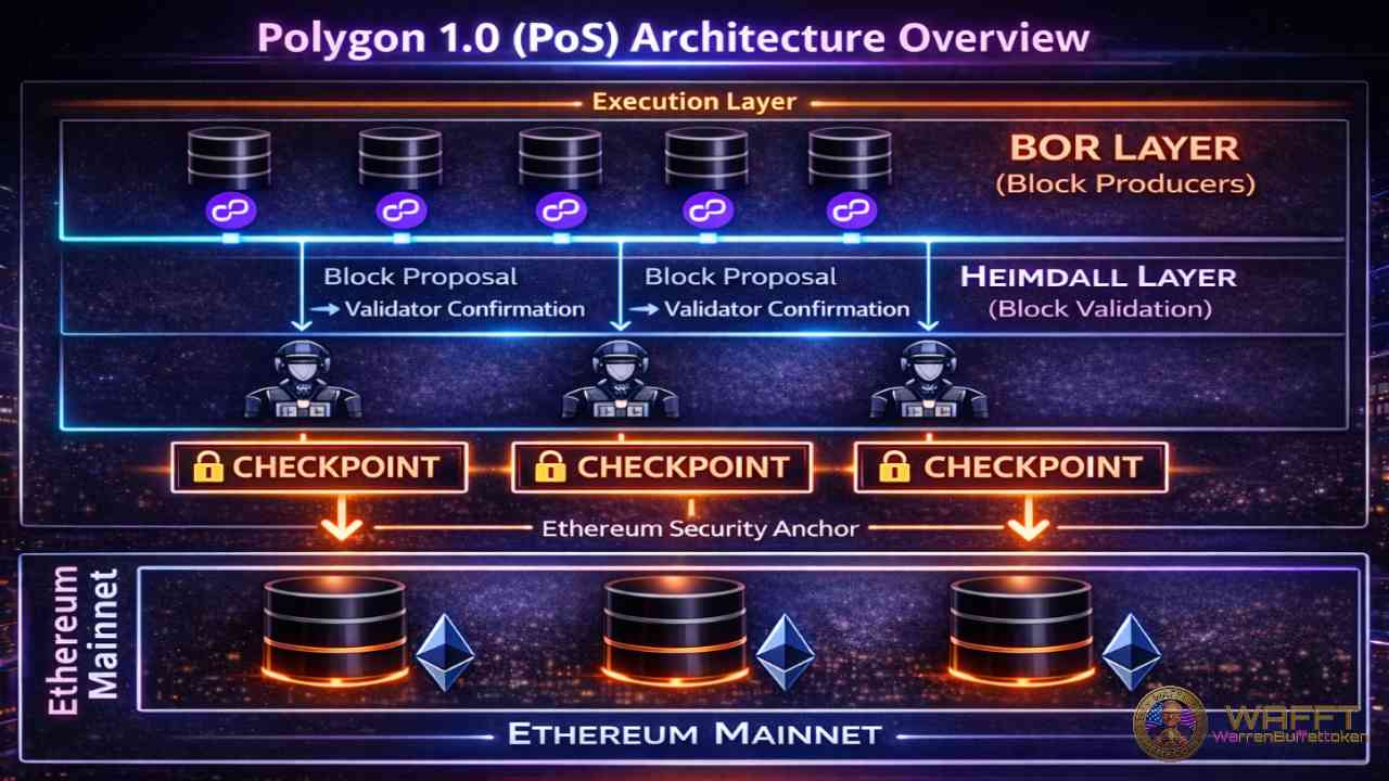 Diagram of Polygon PoS architecture showing Bor execution layer, Heimdall validation layer, and checkpoints anchored to Ethereum.