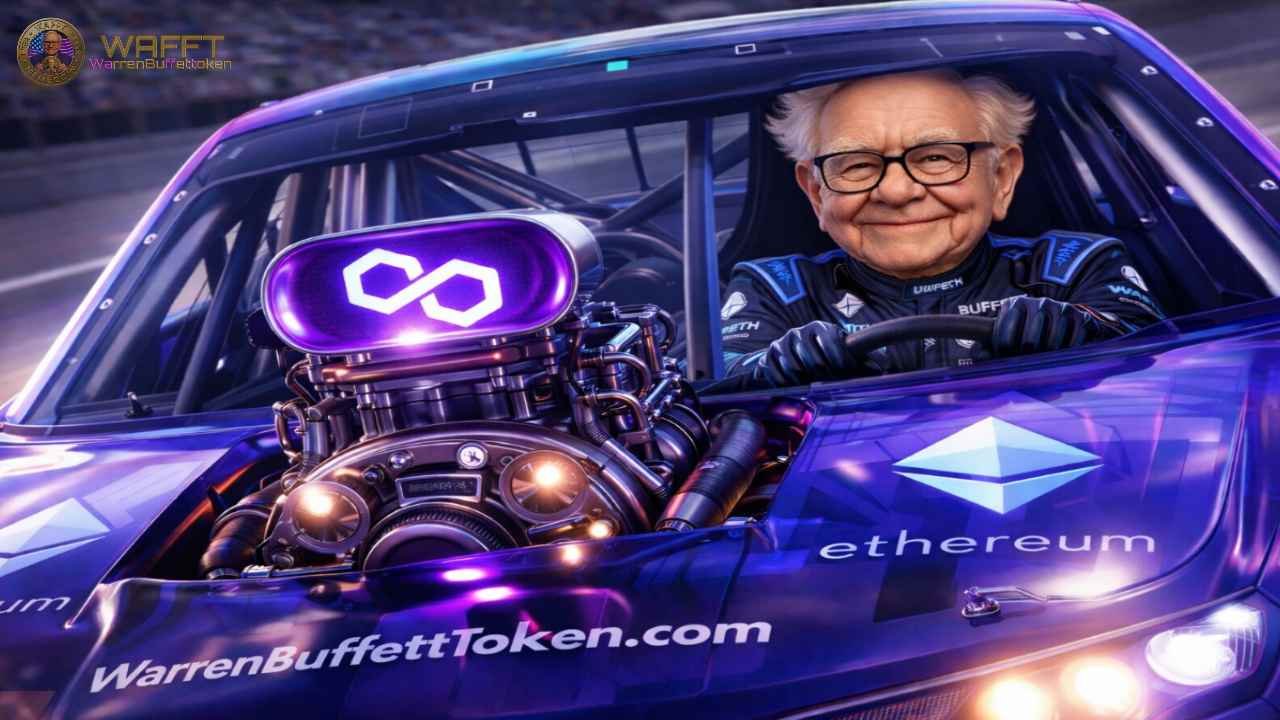 Racing car sponsored by Ethereum with a glowing Polygon engine powering high-speed performance.