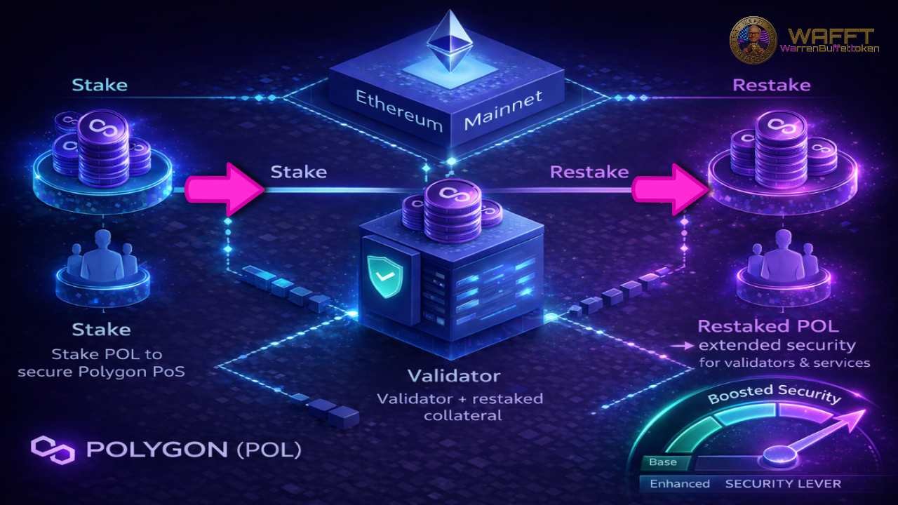 Diagram showing POL tokens being staked and restaked to enhance validator security in the Polygon ecosystem.