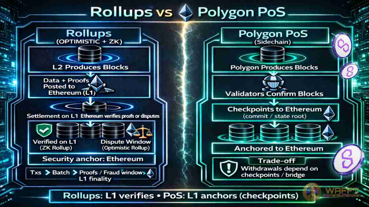 Diagram comparing rollups and Polygon PoS showing how rollups settle transactions on Ethereum while Polygon PoS anchors checkpoints to Ethereum.