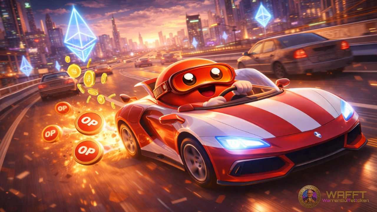 Optimism OP mascot driving fast through a futuristic city, representing Ethereum Layer 2 scalability, speed, and low transaction fees.
