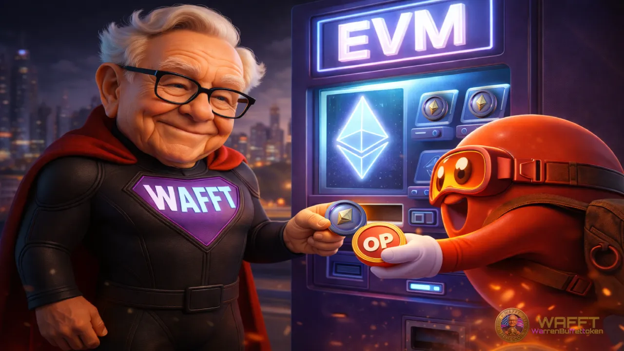 WAFFT Hero and Optimism OP mascot using an EVM vending machine with Ethereum, symbolizing Optimism Layer 2 usage for faster, cheaper onchain actions.