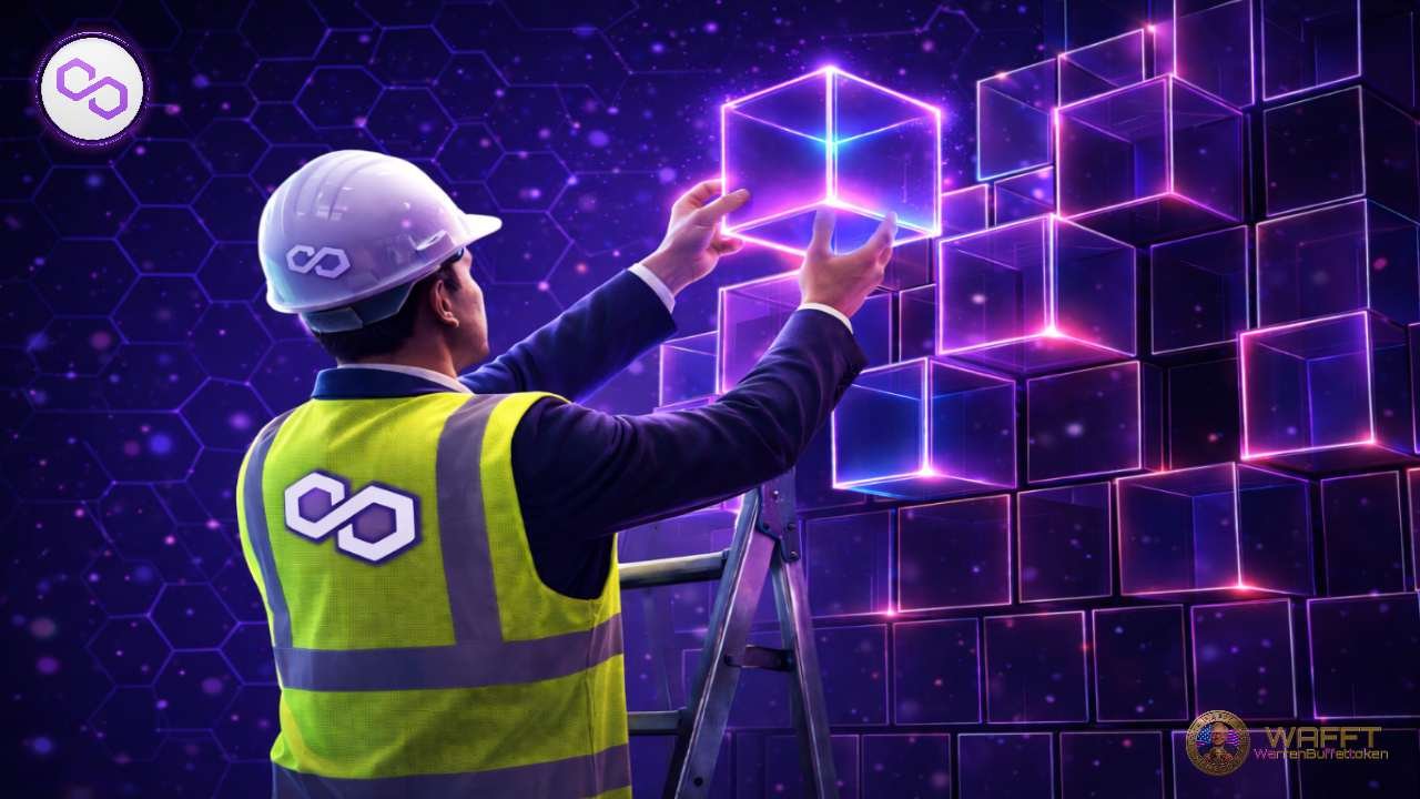 Engineer building interconnected blockchain cubes representing Polygon (MATIC / POL) as an Ethereum scaling and multi-chain framework.