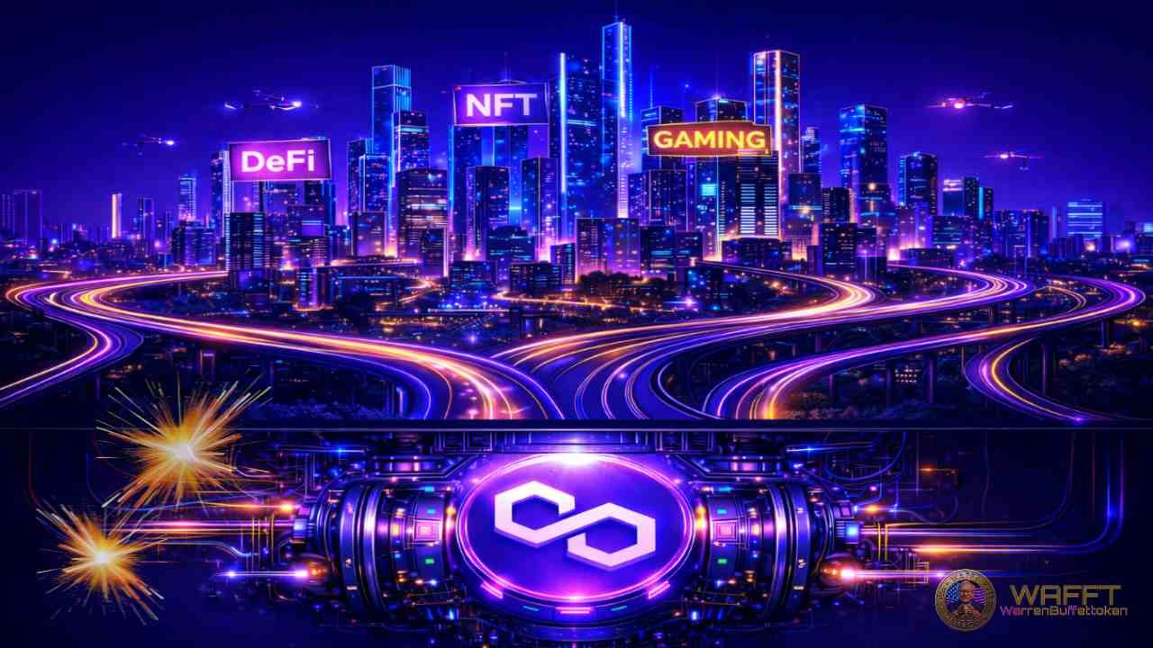 Futuristic city connected by high-speed digital highways powered by the Polygon network, symbolizing Ethereum scaling and low-cost transactions.