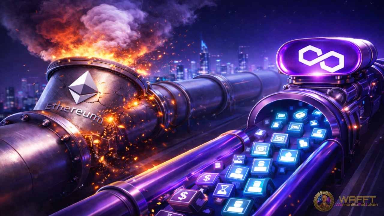 Ethereum pipeline overloaded and overheating while Polygon processes transactions through a faster parallel channel.