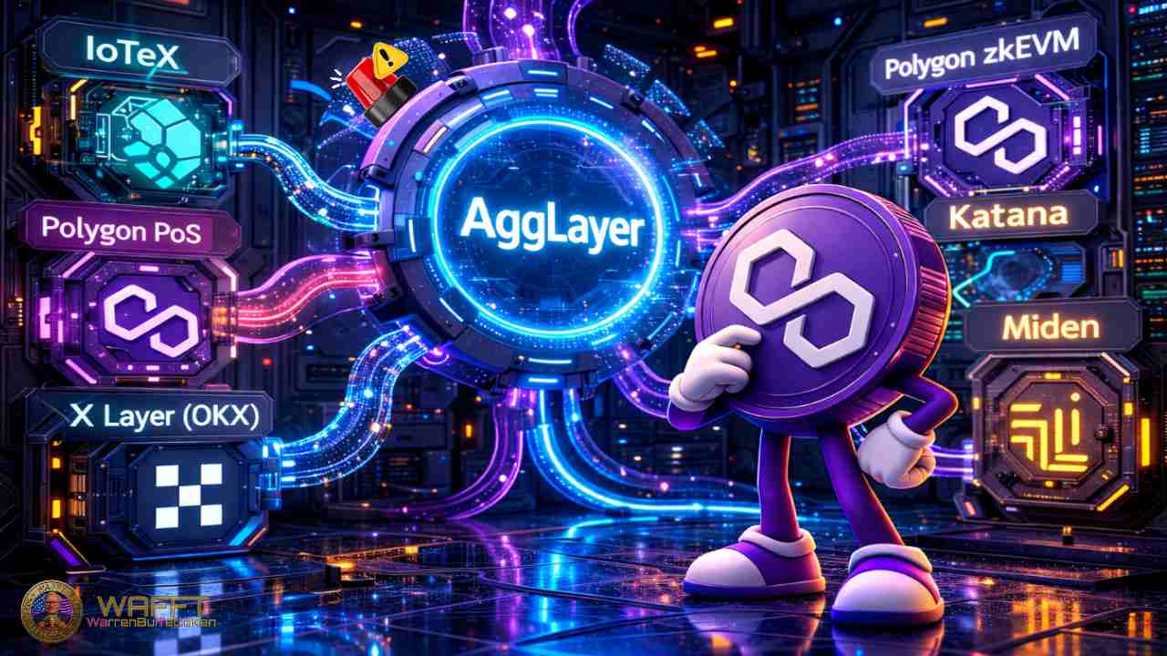 Illustration showing the Polygon AggLayer connecting multiple chains like Polygon PoS, zkEVM, IoTeX, Katana, and Miden.