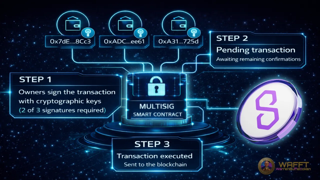 Diagram showing a multisig smart contract requiring multiple signatures to approve a protocol action.