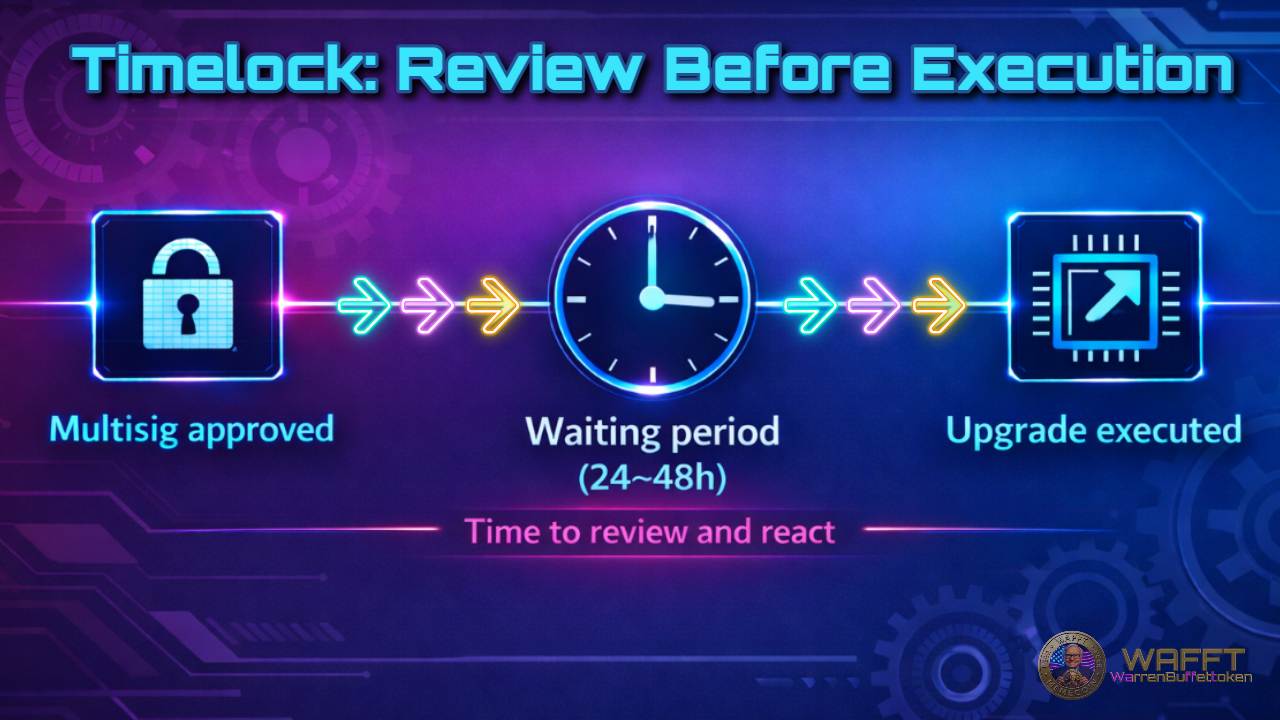 Diagram showing multisig approval followed by a timelock waiting period before a protocol upgrade is executed.