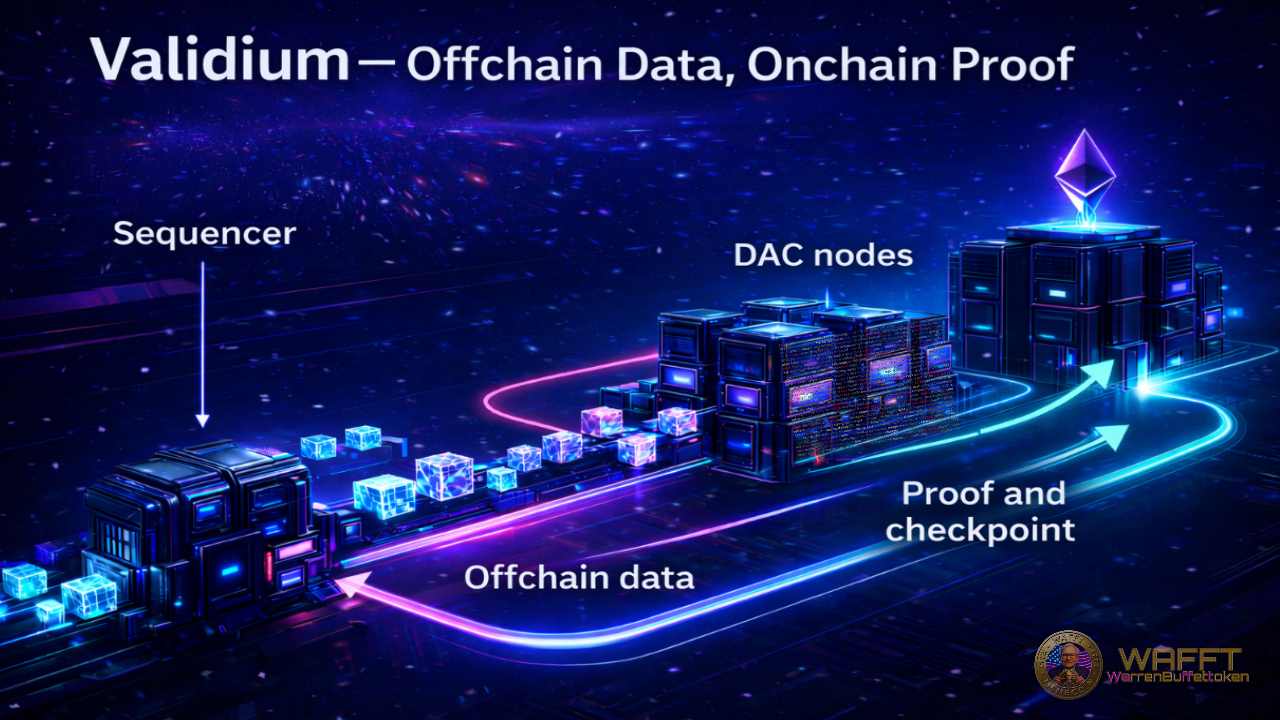 Diagram showing Validium architecture with offchain transaction data stored by DAC nodes and proof checkpoints anchored to Ethereum.